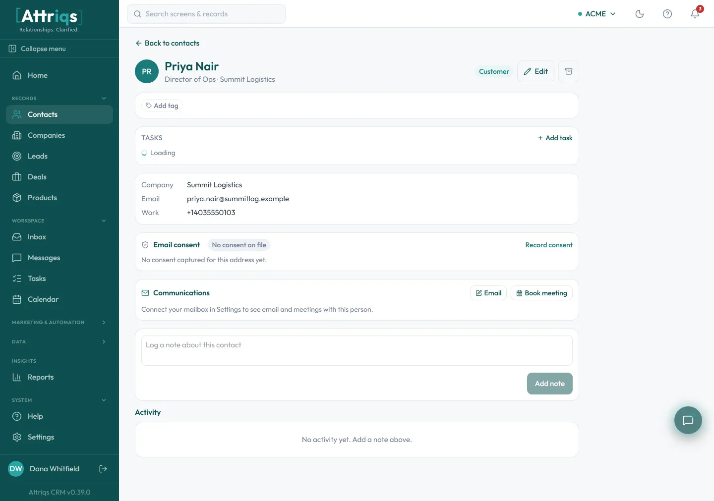 An Attriqs CRM contact record with full activity timeline