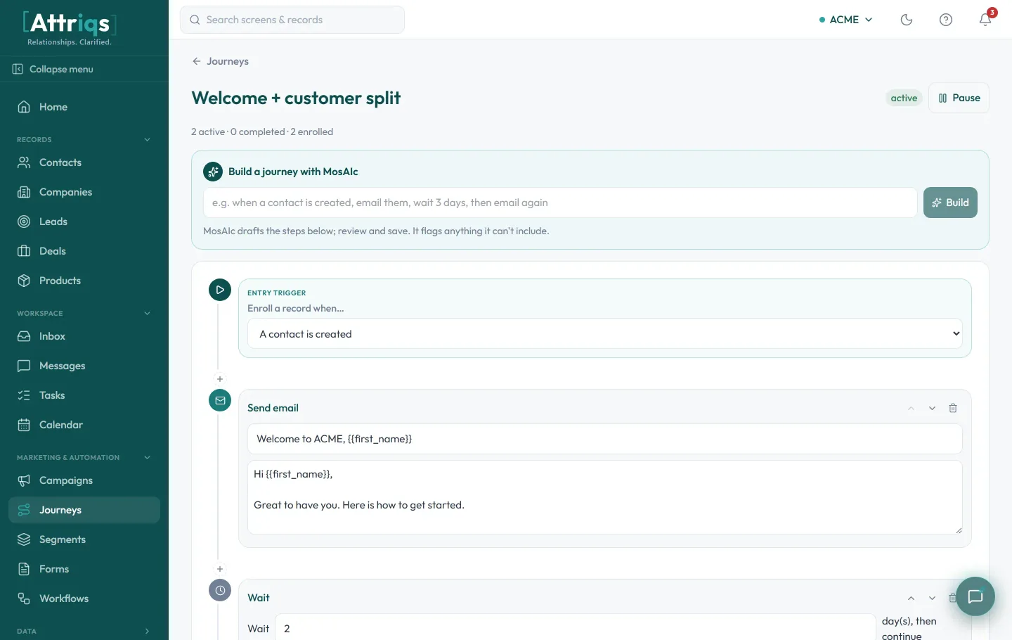 Attriqs CRM journey builder with a MosAIc plain-language prompt