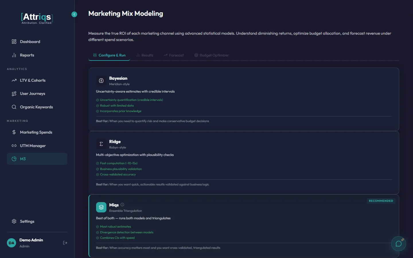 Marketing Mix Modeling page with Bayesian, Ridge, and Miqs ensemble approaches