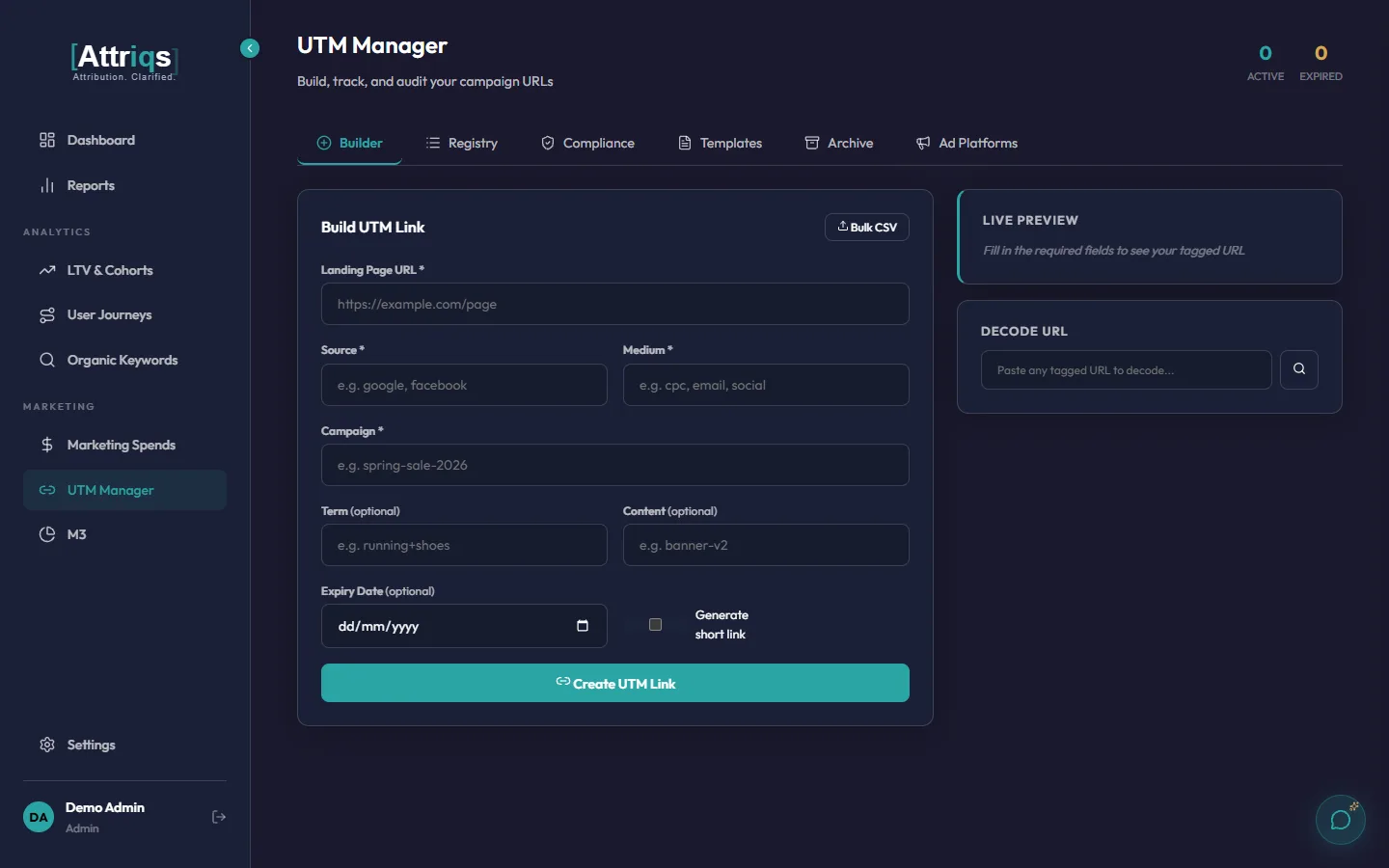 UTM Manager builder with source, medium, campaign fields and live URL preview